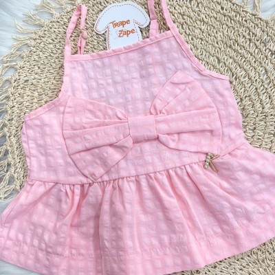 Conj. Blusa Alcinha Laço e Short - rosa xadrez